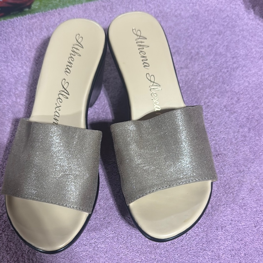 Athena Alexander Silver Mules with Shimmery Strap